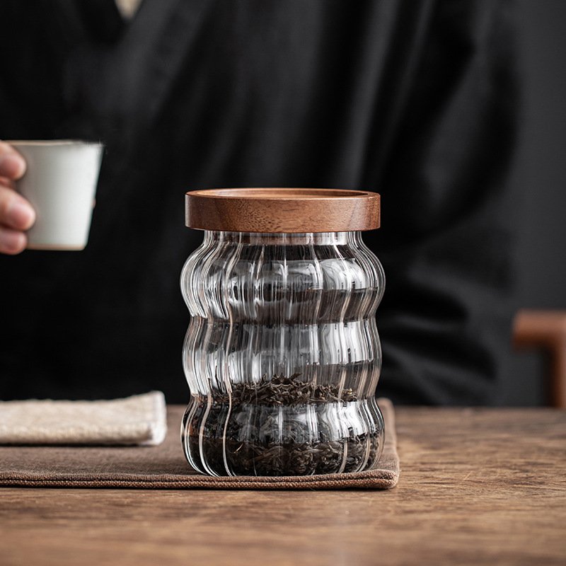 Modern Striped Borosilicate Glass Storage Jars with Acacia Wooden Lids for Candy Condiments Nuts Cereal Storage Cover Design