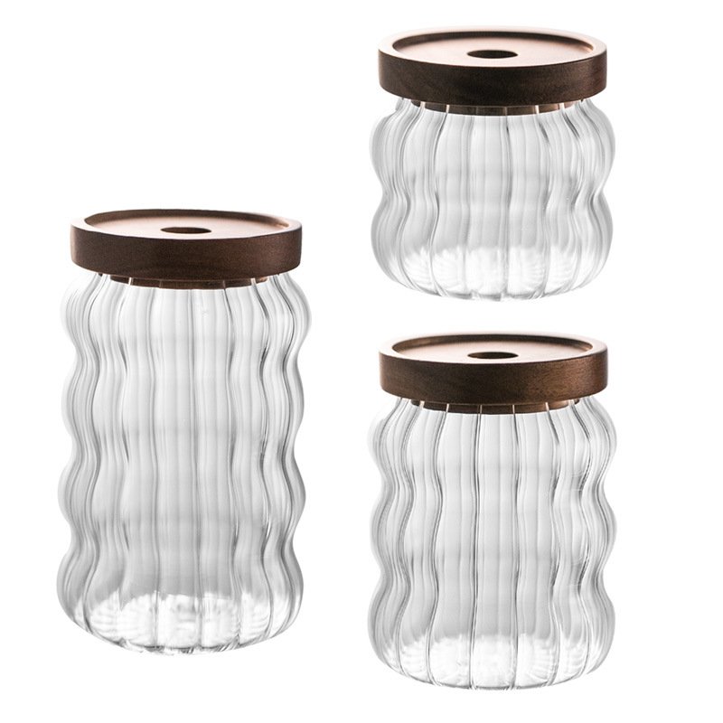 Modern Striped Borosilicate Glass Storage Jars with Acacia Wooden Lids for Candy Condiments Nuts Cereal Storage Cover Design