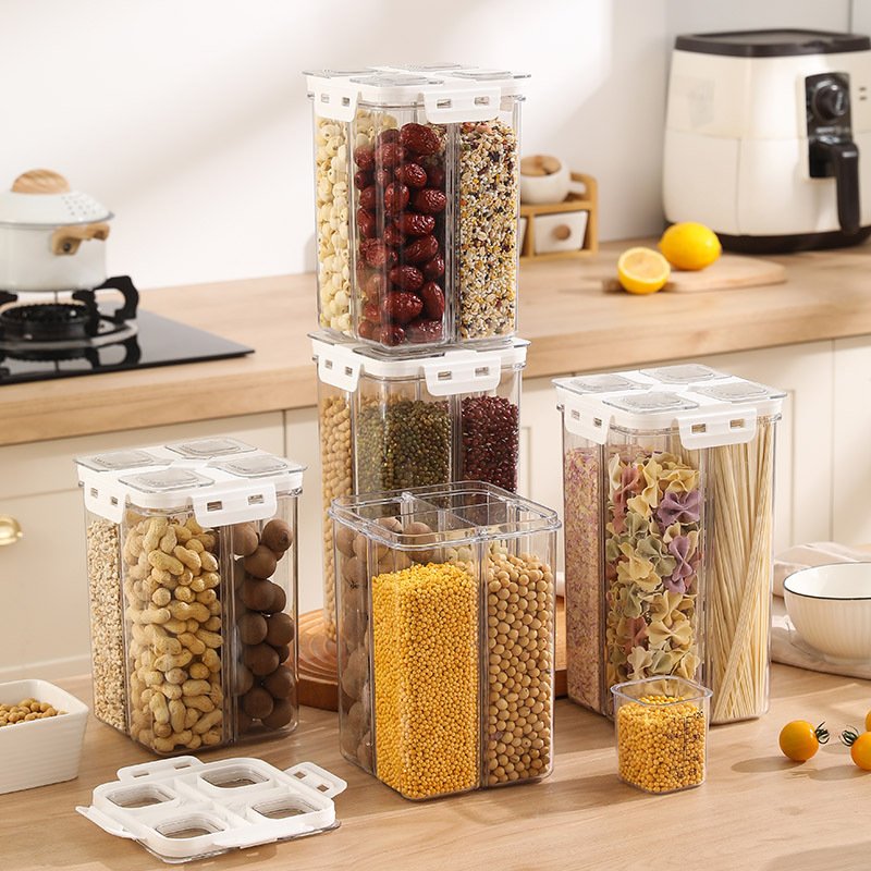 High quality 4 girds food storage container removable cereal plastic storage box transparent kitchen food storage jar