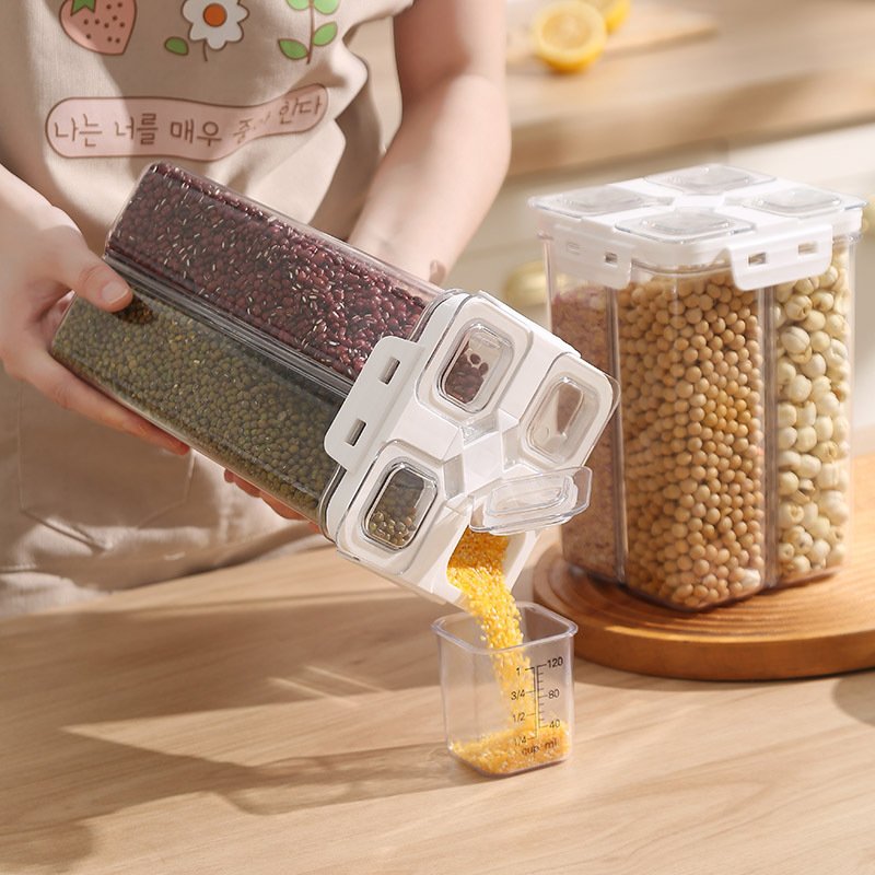 High quality 4 girds food storage container removable cereal plastic storage box transparent kitchen food storage jar