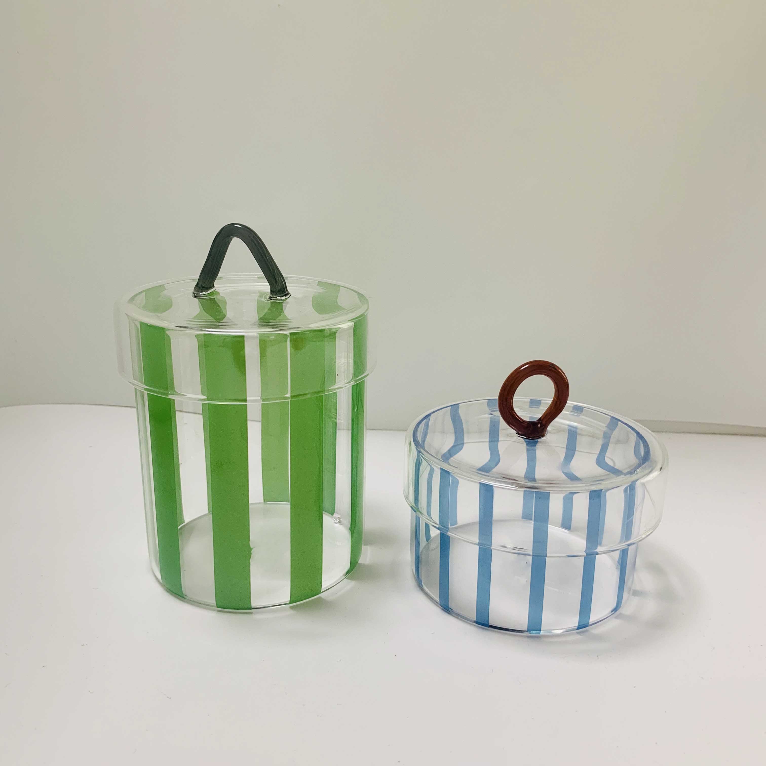 Custom Made Clear Cylinder Borosilicate Glass Food Storage Container with Colored Stripes