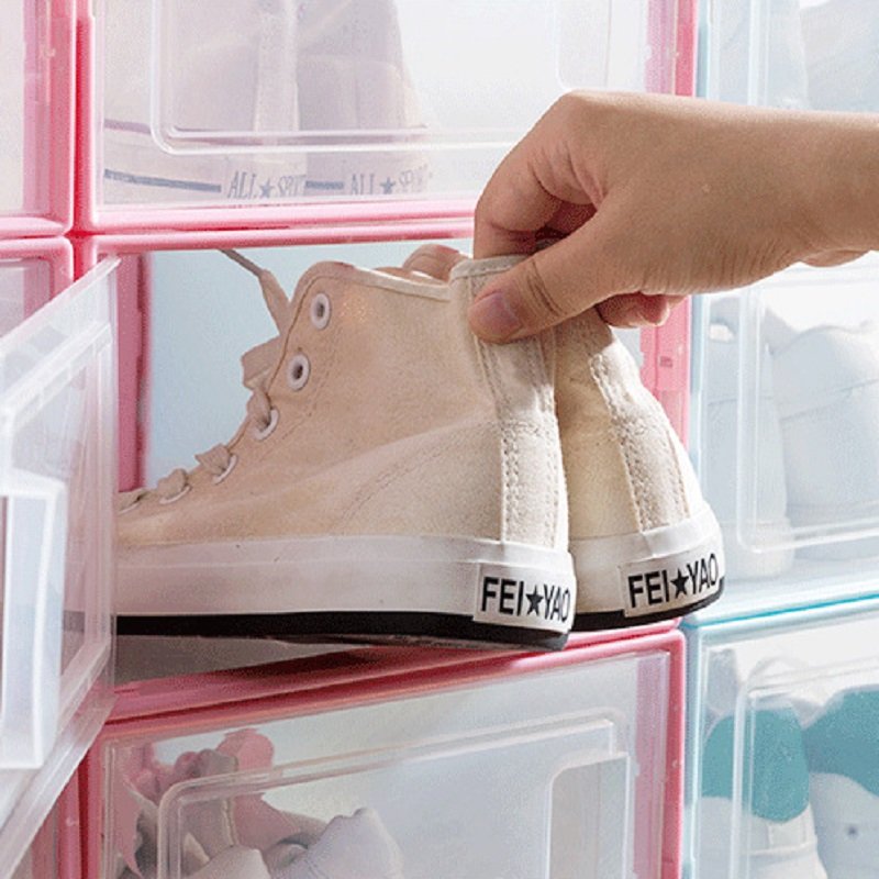 Stackable Shoe Storage Box Clear Plastic Shoe Organizer for Closet Space Saving Foldable Shoe Rack Sneaker Container Bin Holder