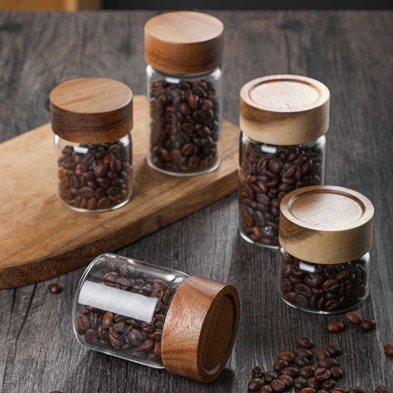 Empty High Borosilicate Storage Food Spice Wide Mouth Jar with Acacia Wood Lid
