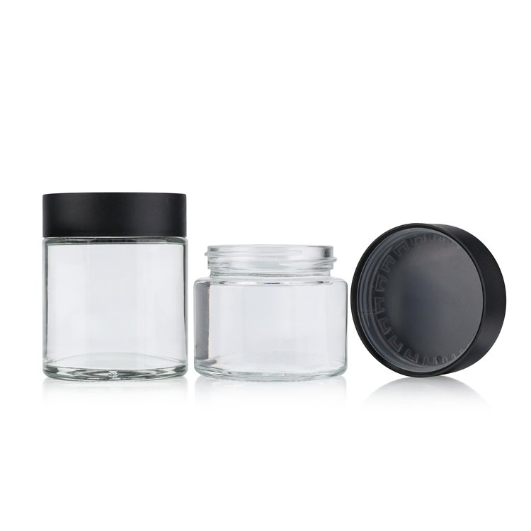 Eco-Friendly 1oz 2 oz 3 oz 4 oz clear storage container smell proof glass jar with black child resistant cap