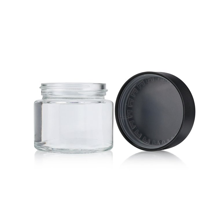 Eco-Friendly 1oz 2 oz 3 oz 4 oz clear storage container smell proof glass jar with black child resistant cap