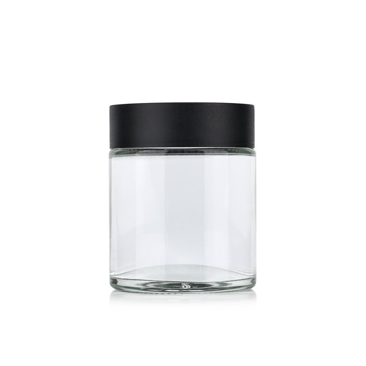 Eco-Friendly 1oz 2 oz 3 oz 4 oz clear storage container smell proof glass jar with black child resistant cap