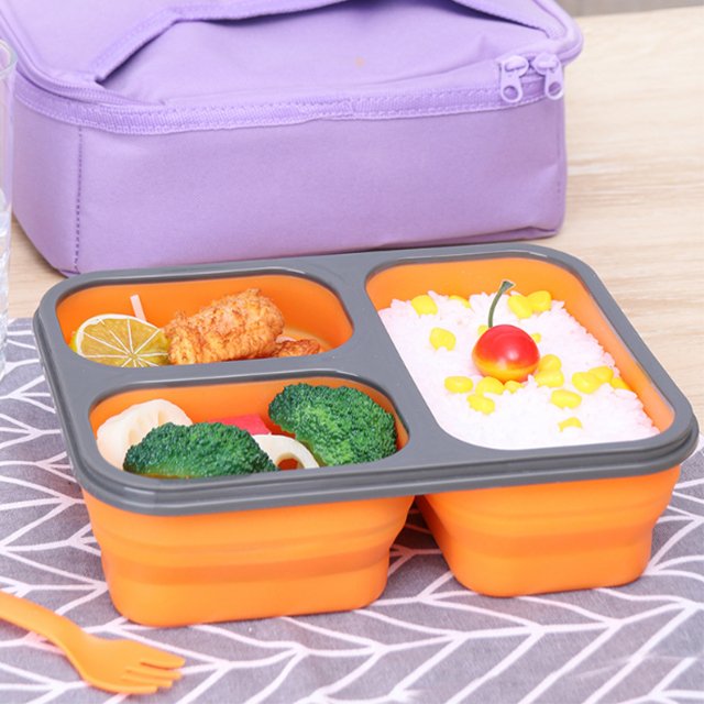 2024 Top Seller BPA Free 3 Compartments Bento Silicone Lunch Box Folding collapsible Food Grade Food Storage Containers with Lid