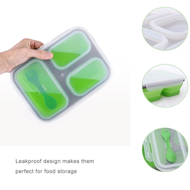 2024 Top Seller BPA Free 3 Compartments Bento Silicone Lunch Box Folding collapsible Food Grade Food Storage Containers with Lid