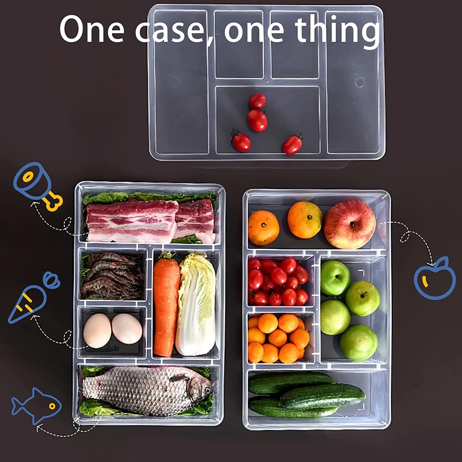 Clear Refrigerator Organizer 5 Compartment Food Storage Container Plastic Box Divided Veggie Tray with Lid for Fruit Vegetable