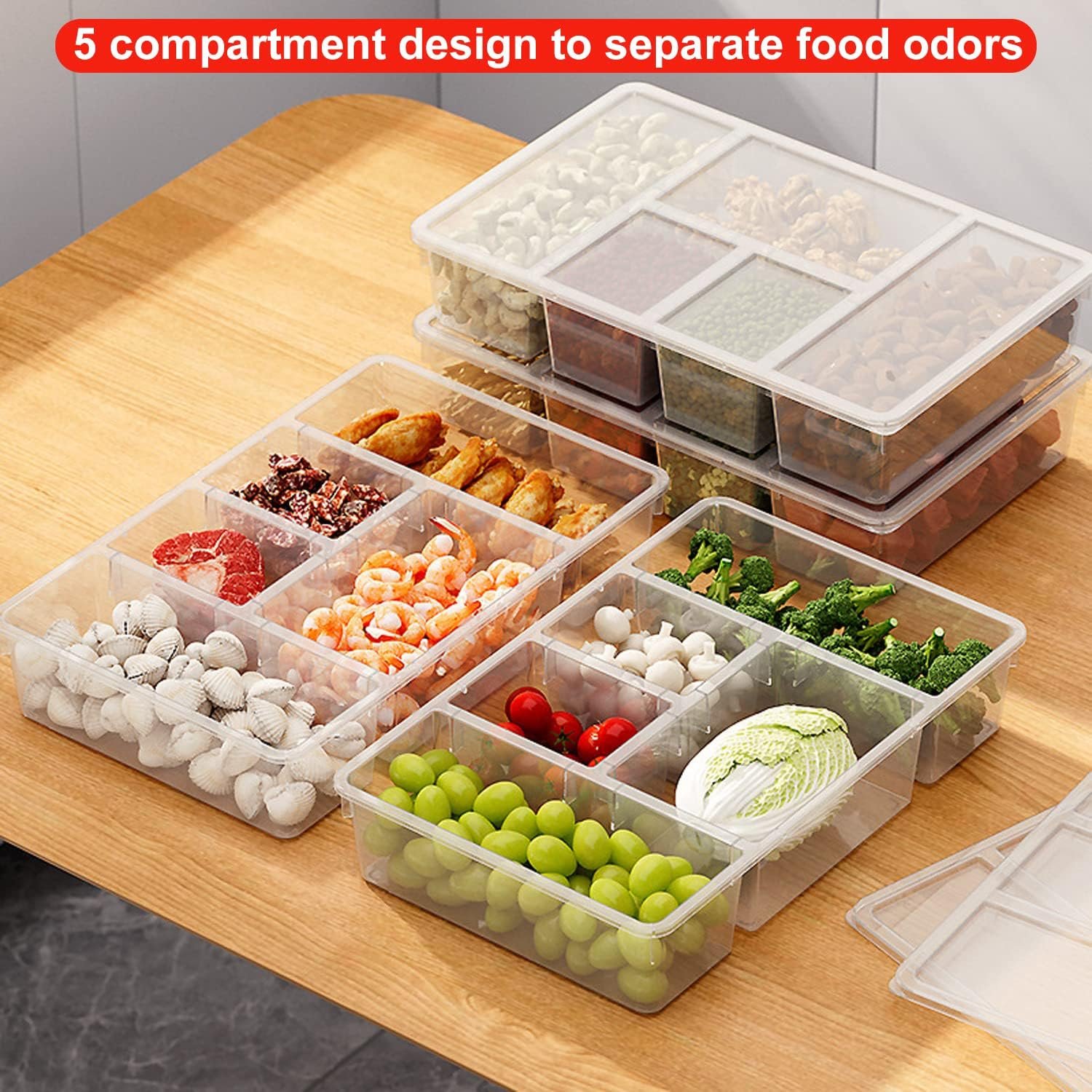 Clear Refrigerator Organizer 5 Compartment Food Storage Container Plastic Box Divided Veggie Tray with Lid for Fruit Vegetable