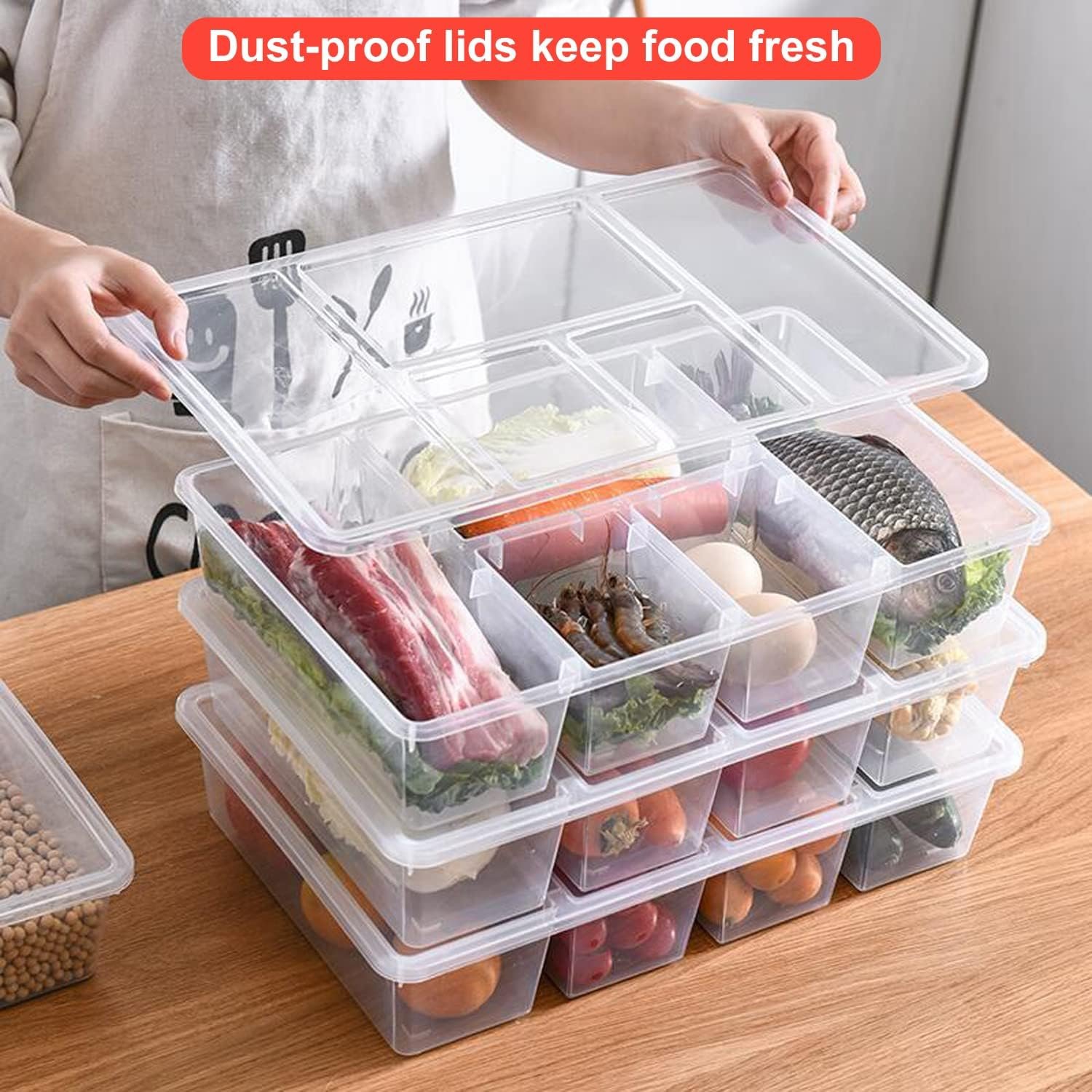 Clear Refrigerator Organizer 5 Compartment Food Storage Container Plastic Box Divided Veggie Tray with Lid for Fruit Vegetable