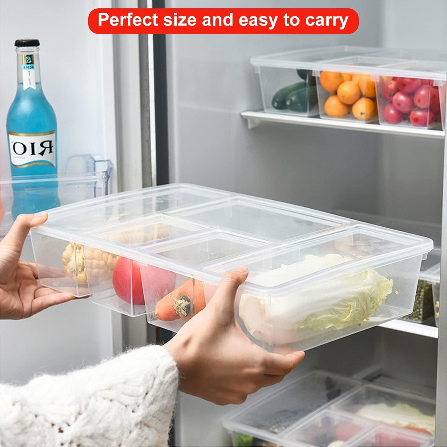Clear Refrigerator Organizer 5 Compartment Food Storage Container Plastic Box Divided Veggie Tray with Lid for Fruit Vegetable
