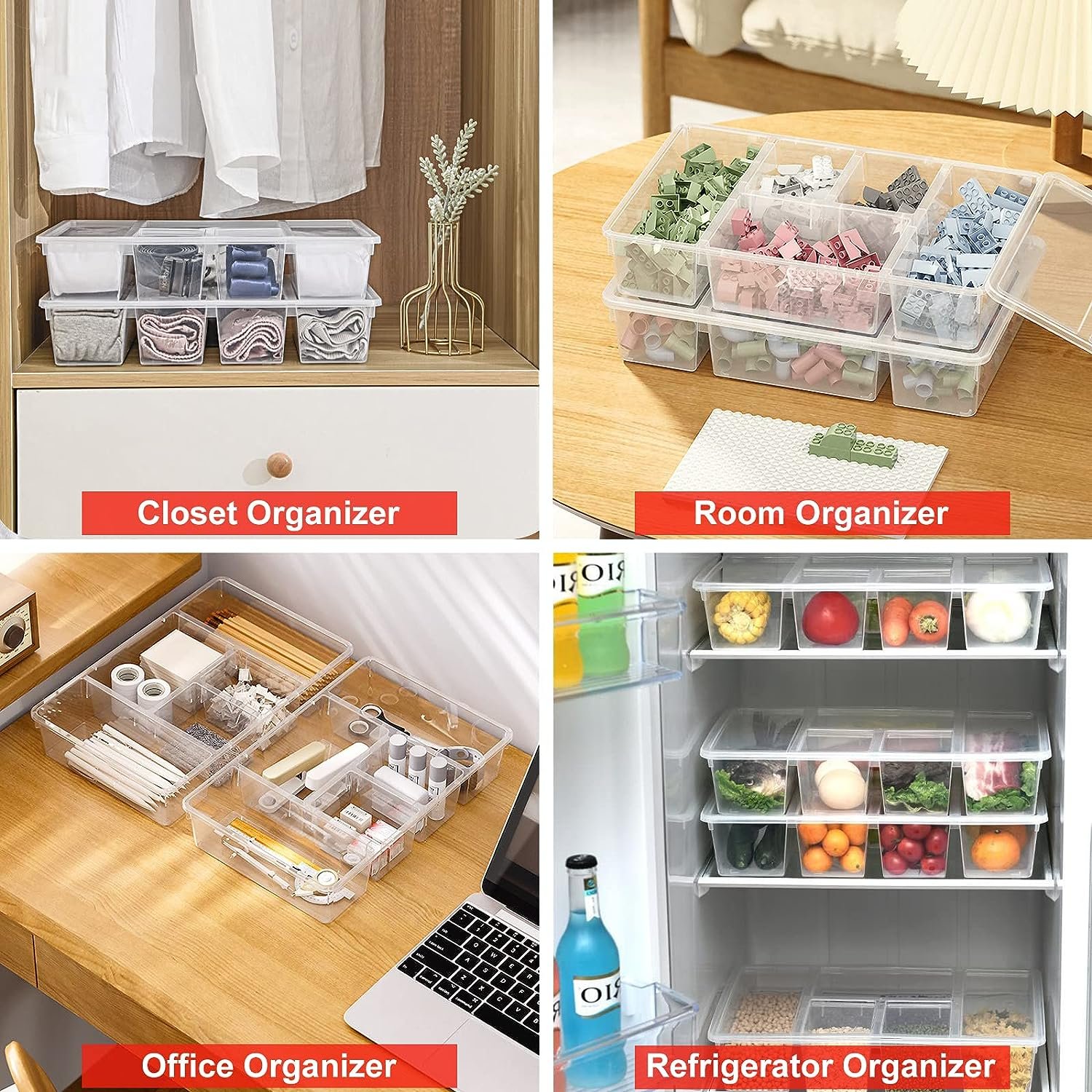 Clear Refrigerator Organizer 5 Compartment Food Storage Container Plastic Box Divided Veggie Tray with Lid for Fruit Vegetable