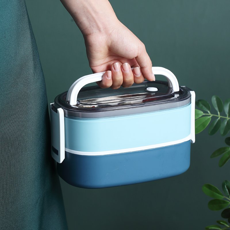 Portable leakproof 2 layer plastic and stainless steel tiffin container food storage box
