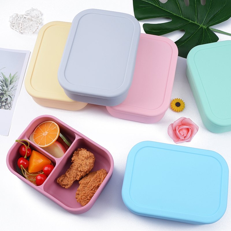 Custom Hot Selling Food Grade Silicone Lunch Box Portable Kids Bento Box Silicone Food Storage Container With 3 Compartment