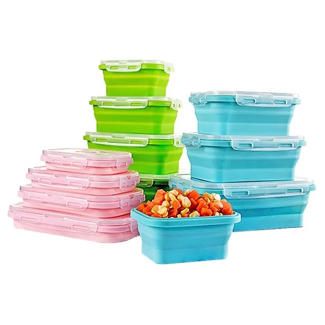 food grade silicone collapsible food storage containers 4pcs set portable foldable school silicone bento lunch box for camping