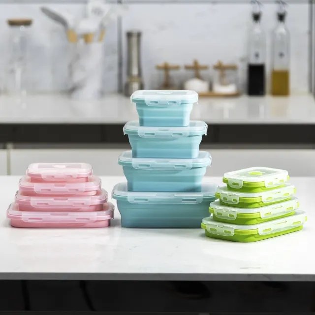 food grade silicone collapsible food storage containers 4pcs set portable foldable school silicone bento lunch box for camping
