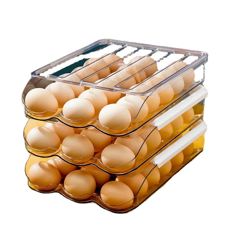 Modern Refrigerator Food Storage Rolling Multi-layer Egg Holders Drawer Box Egg Storage Container Plastic Containers with Lids