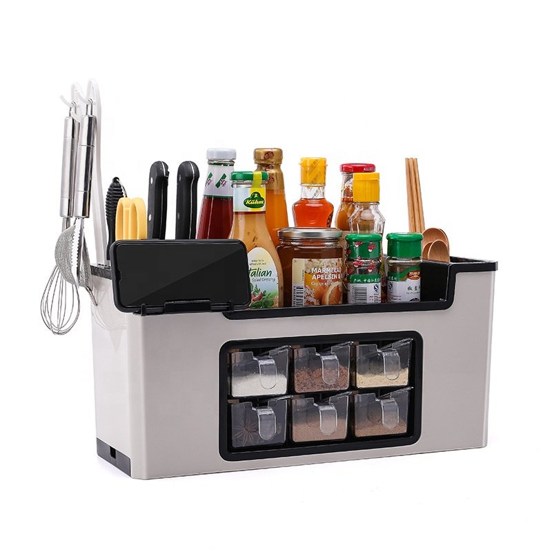 Kitchen Shelf Spice Rack Knife Holder Seasoning Jar with Mobile Phone Holder Kitchen Tools Multifunction Chopsticks Storage Box