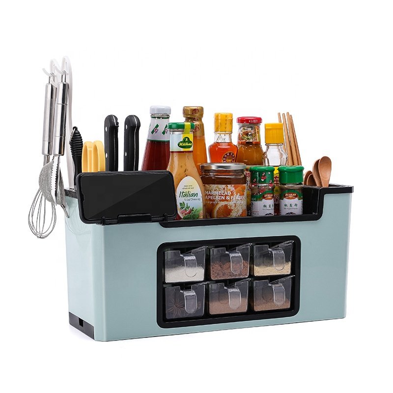 Kitchen Shelf Spice Rack Knife Holder Seasoning Jar with Mobile Phone Holder Kitchen Tools Multifunction Chopsticks Storage Box