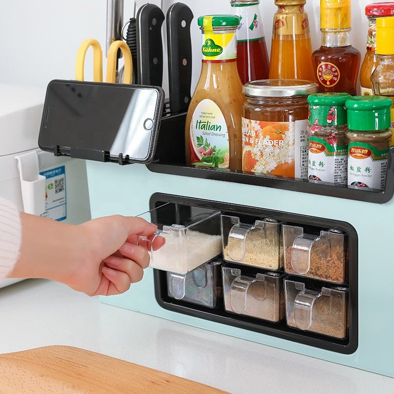 Kitchen Shelf Spice Rack Knife Holder Seasoning Jar with Mobile Phone Holder Kitchen Tools Multifunction Chopsticks Storage Box