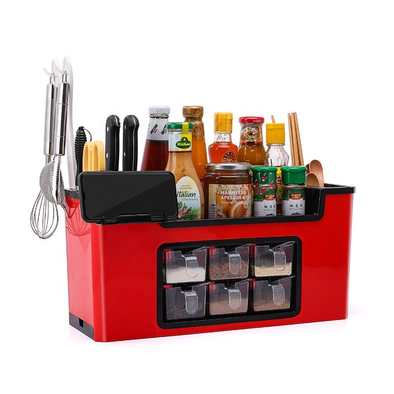 Kitchen Shelf Spice Rack Knife Holder Seasoning Jar with Mobile Phone Holder Kitchen Tools Multifunction Chopsticks Storage Box
