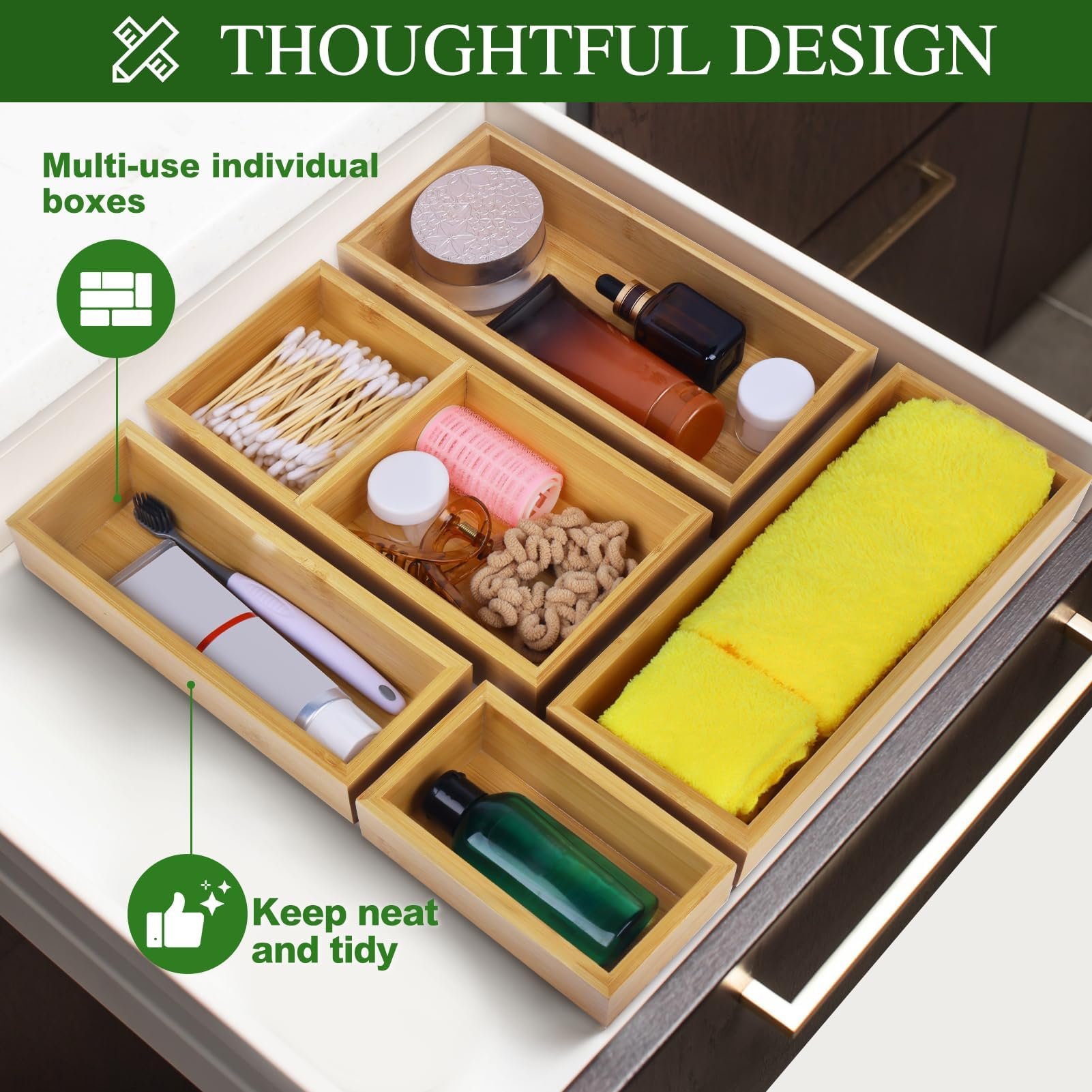Bamboo Storage Box Drawer Organizer Set Wooden Desk Storage Box Kit Multi-use Junk Drawer Organizer