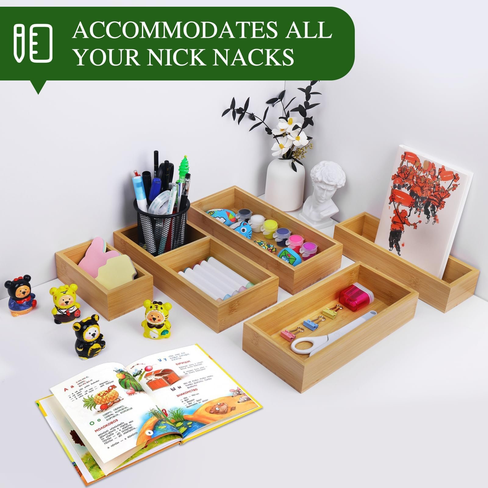 Bamboo Storage Box Drawer Organizer Set Wooden Desk Storage Box Kit Multi-use Junk Drawer Organizer