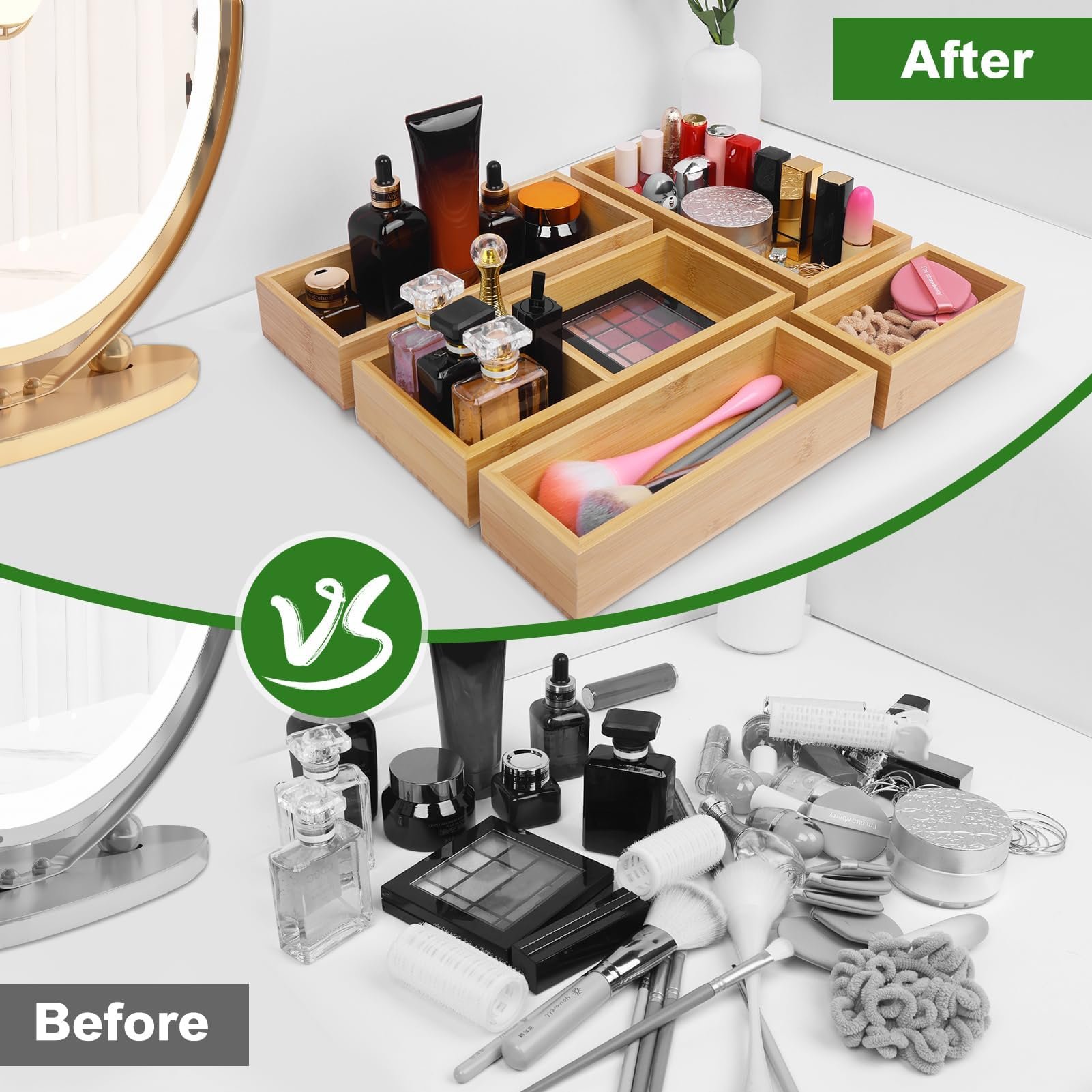Bamboo Storage Box Drawer Organizer Set Wooden Desk Storage Box Kit Multi-use Junk Drawer Organizer
