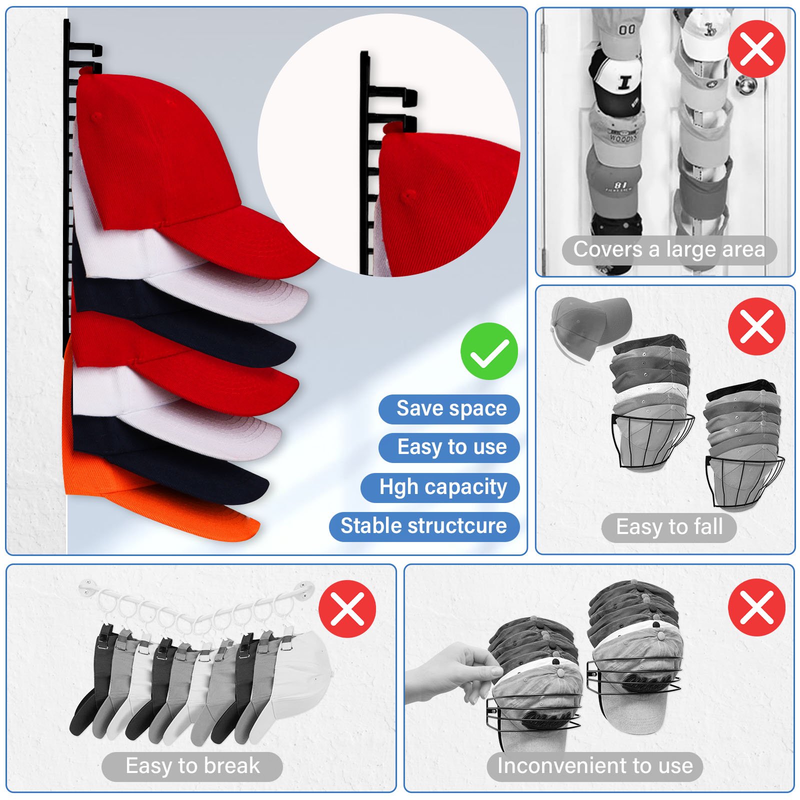 Stainless Steel Ball Cap Storage Rack Closet Hook Hat Organizer for Baseball Caps Hanging Hat Holder with Clips