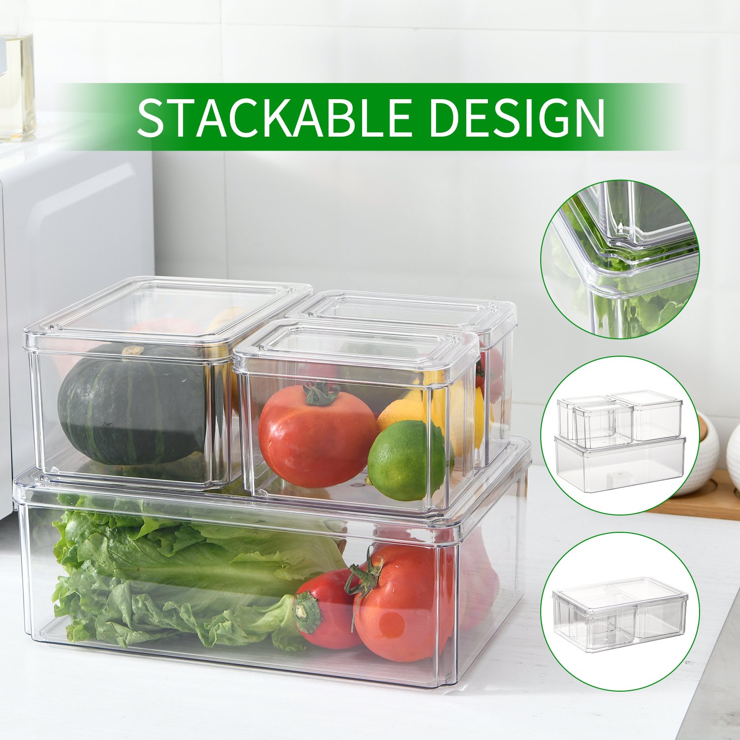 4PCS Hot Sale BPA Free Transparent Plastic PET Desk Storage Box Fridge Stackable Refrigerator Organizer Bins Set with Lid
