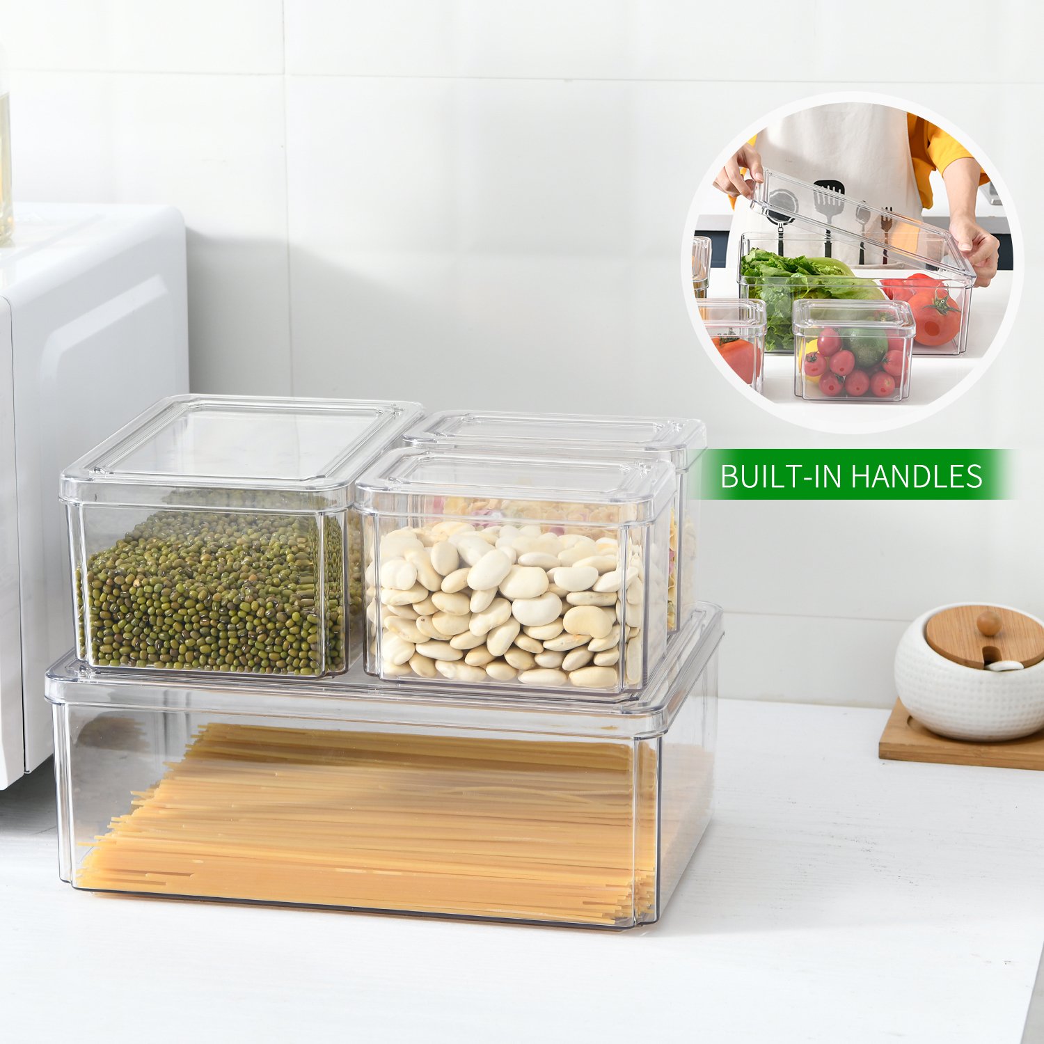 4PCS Hot Sale BPA Free Transparent Plastic PET Desk Storage Box Fridge Stackable Refrigerator Organizer Bins Set with Lid