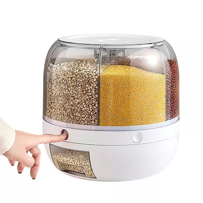 6-Grid 360 Rotating Dry Food Cereal Dispenser White, Grain Dispenser for Rice Storage Kitchen Corn BPA-Free