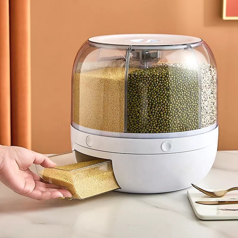 6-Grid 360 Rotating Dry Food Cereal Dispenser White, Grain Dispenser for Rice Storage Kitchen Corn BPA-Free