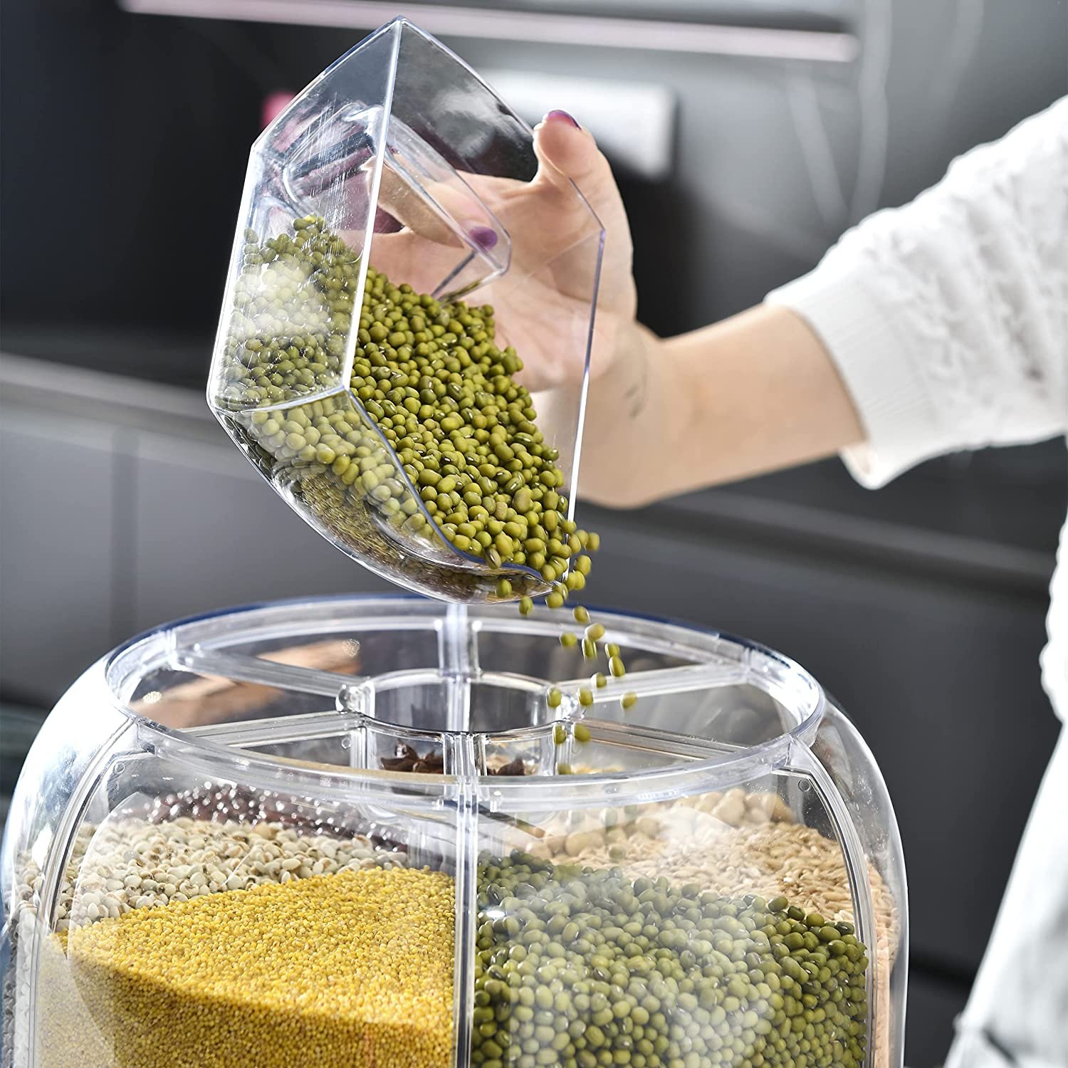 6-Grid 360 Rotating Dry Food Cereal Dispenser White, Grain Dispenser for Rice Storage Kitchen Corn BPA-Free