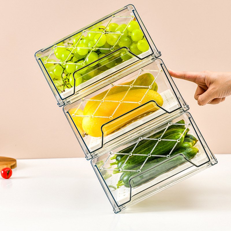 PET Vegetable Fruit Crisper Transparent Refrigerator Drawer Organizer with Strainer