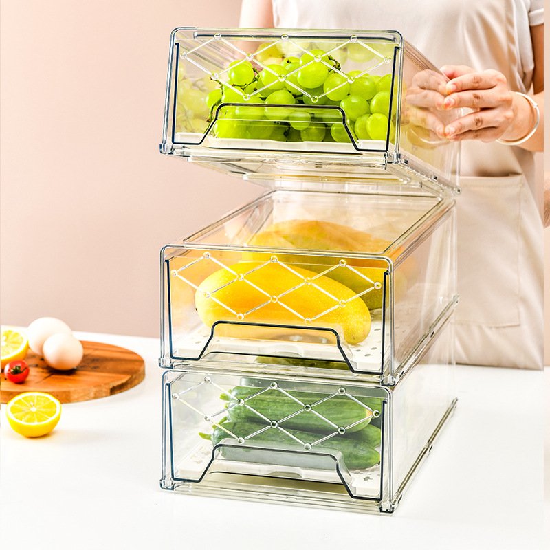 PET Vegetable Fruit Crisper Transparent Refrigerator Drawer Organizer with Strainer