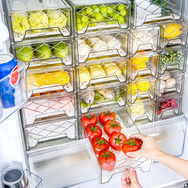 PET Vegetable Fruit Crisper Transparent Refrigerator Drawer Organizer with Strainer