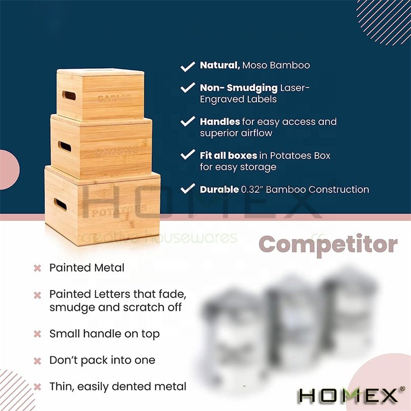 3 Pcs Onion and Potato Storage Bins Stackable Bamboo Vegetable Containers Garlic Pantry Canister