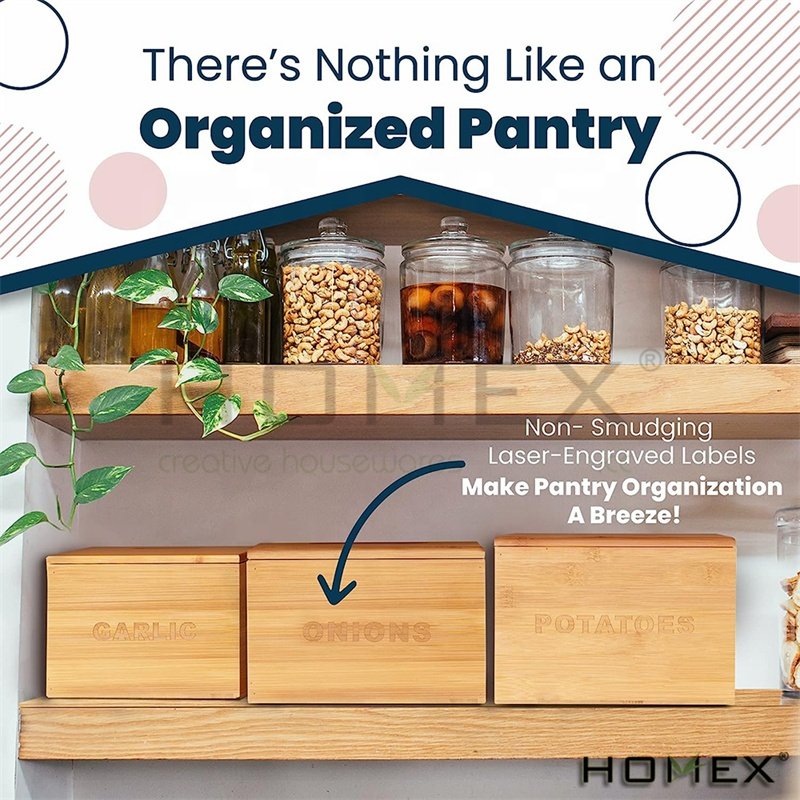 3 Pcs Onion and Potato Storage Bins Stackable Bamboo Vegetable Containers Garlic Pantry Canister