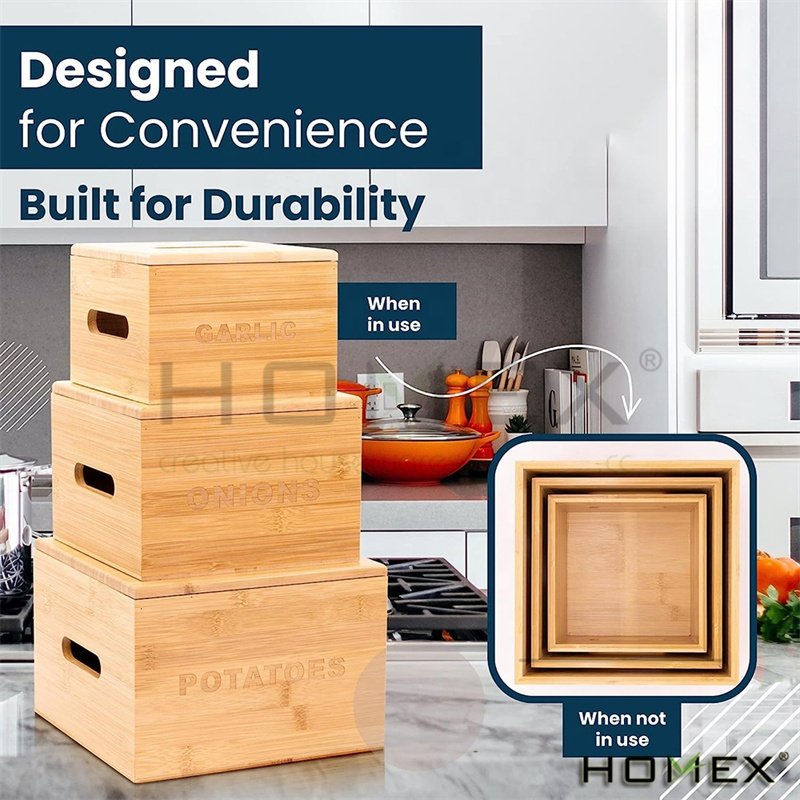 3 Pcs Onion and Potato Storage Bins Stackable Bamboo Vegetable Containers Garlic Pantry Canister