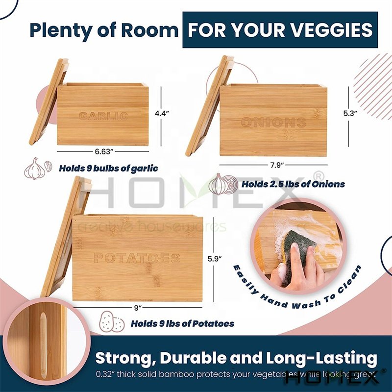 3 Pcs Onion and Potato Storage Bins Stackable Bamboo Vegetable Containers Garlic Pantry Canister