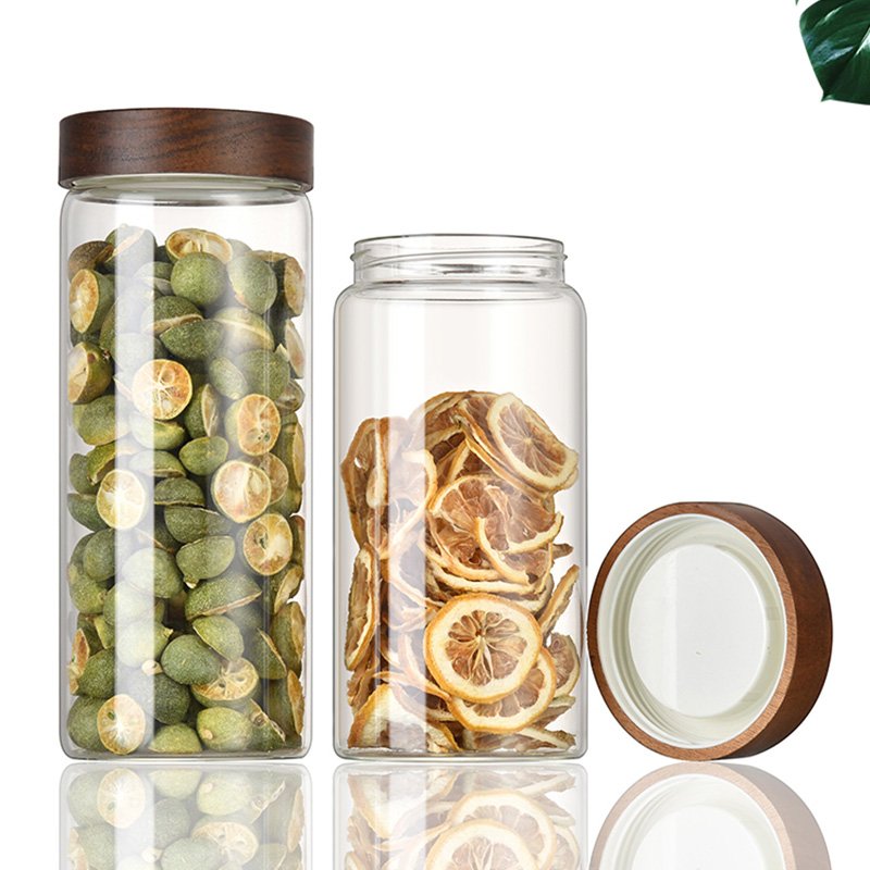 Wholesale low MOQ Airtight Canister Bottle With Acacia Lid Coffee Glass Jar Container Wood Food Storage For Kitchen Spice