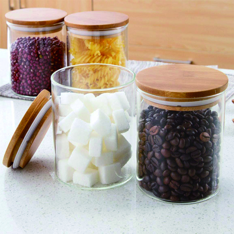Jar Container with Lid Hot Sale Kitchen Storage Glass with Bamboo Wood Storage Bottles & Jars Store Food