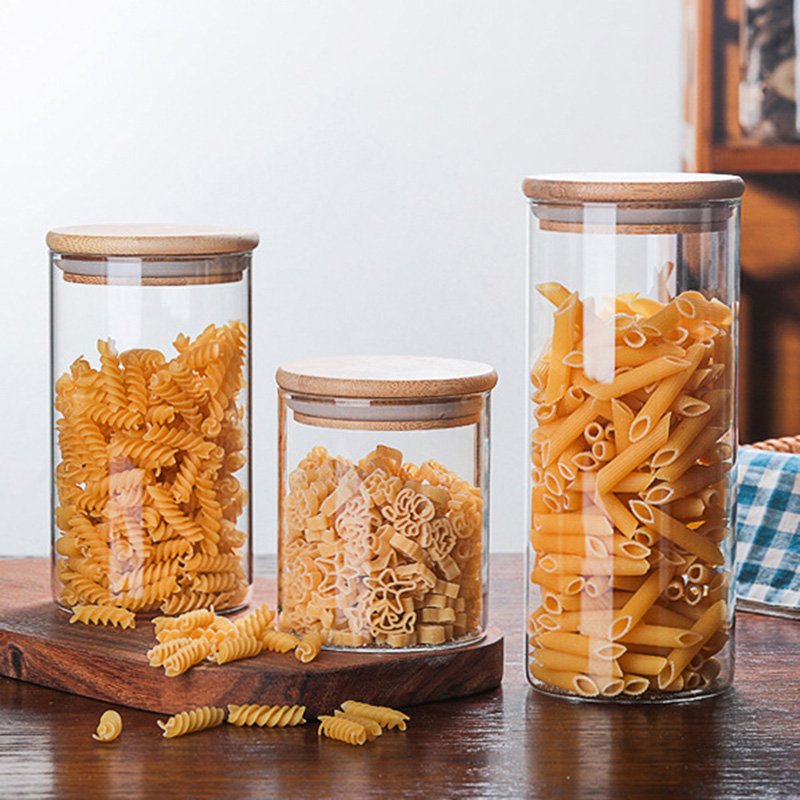Jar Container with Lid Hot Sale Kitchen Storage Glass with Bamboo Wood Storage Bottles & Jars Store Food