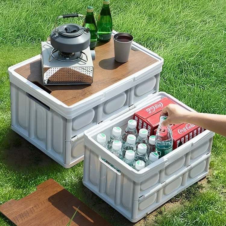 Foldable Plastic Storage Box with Imitation Wood Lid Foldable Stackable Storage Box Organizer