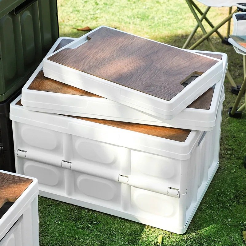 Foldable Plastic Storage Box with Imitation Wood Lid Foldable Stackable Storage Box Organizer