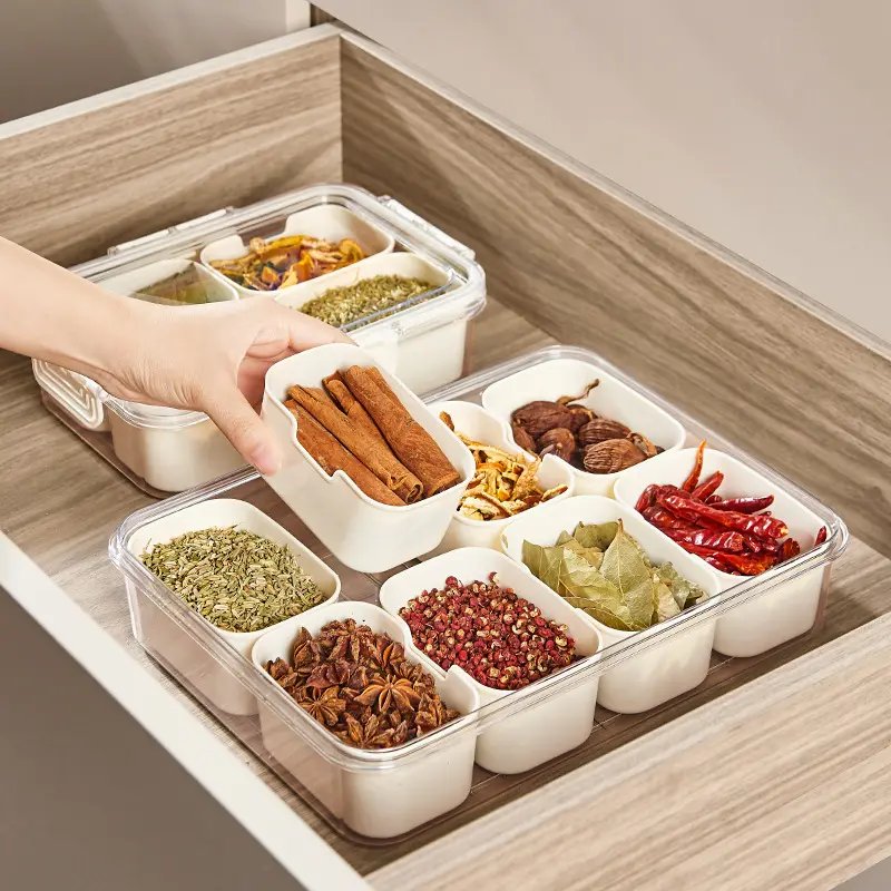 8 Compartment Food Grade Storage Box Handle Classic Style Foldable Rectangle Design Glossy Household Kitchen Ingredients Storage