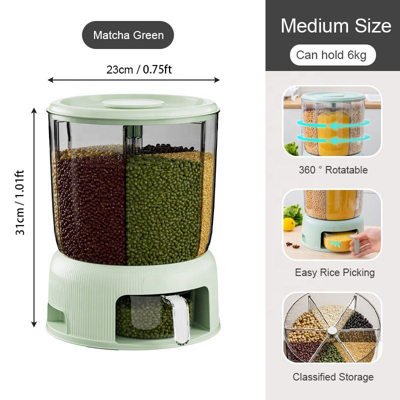 6-slot Rotating Grain Food Storage Container Rice Bucket Barrel for Food Storage in Kitchen