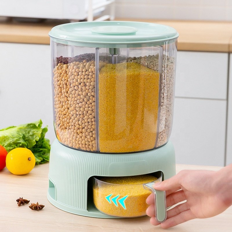 6-slot Rotating Grain Food Storage Container Rice Bucket Barrel for Food Storage in Kitchen